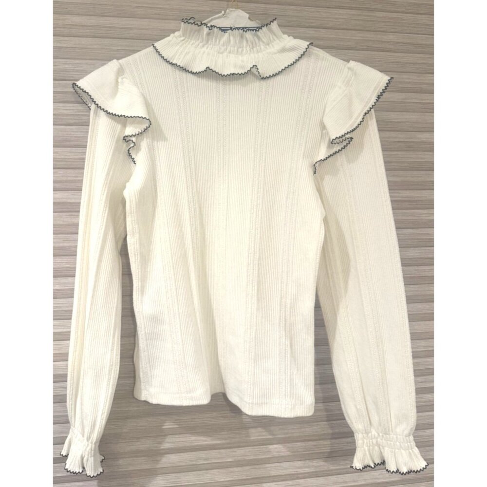 Ruffled Long-Sleeve White Blouse With Black Trim By Sandro Womens